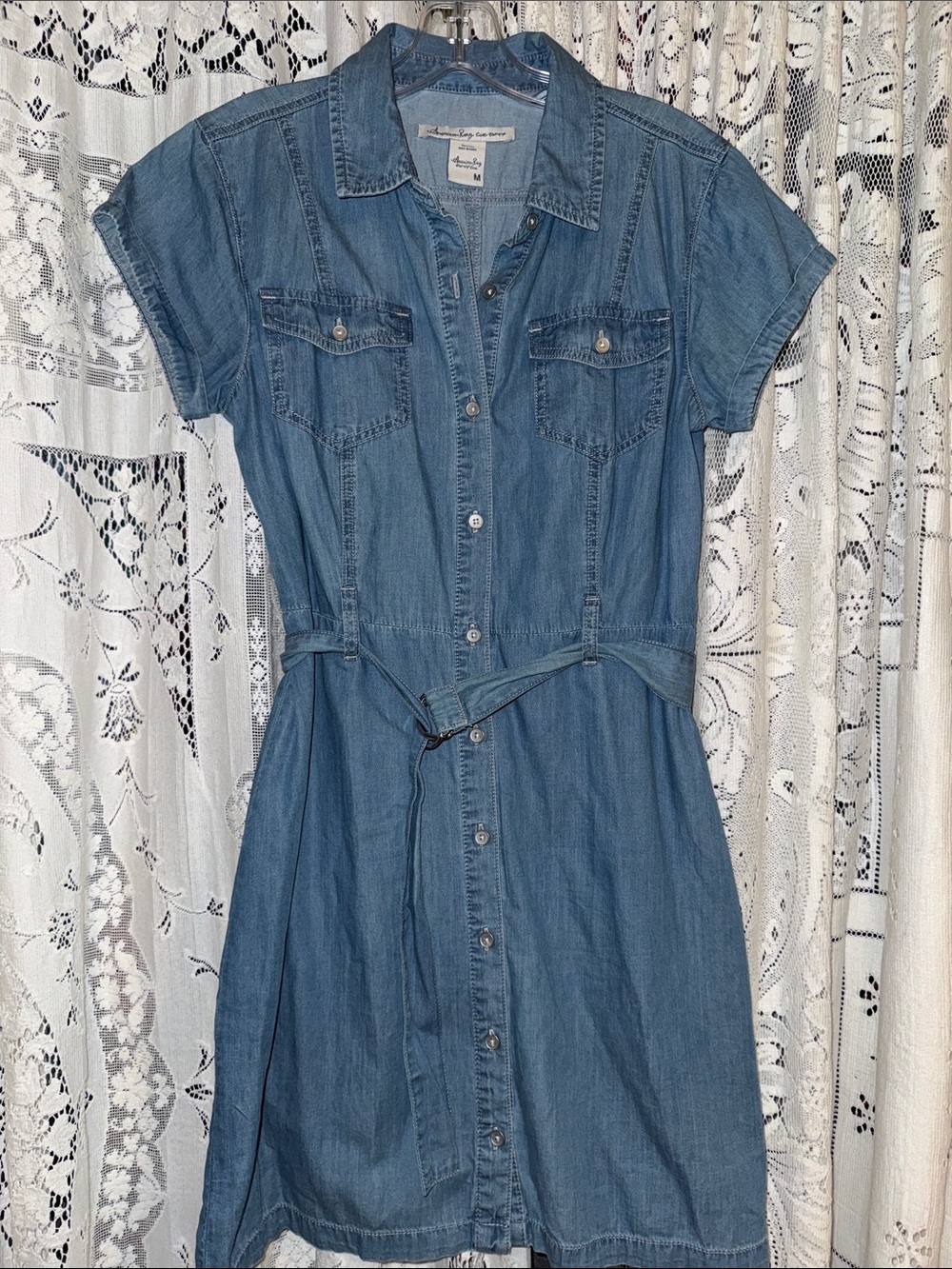 American Rag Medium Blue Denim Shirt Dress with Tie Waist